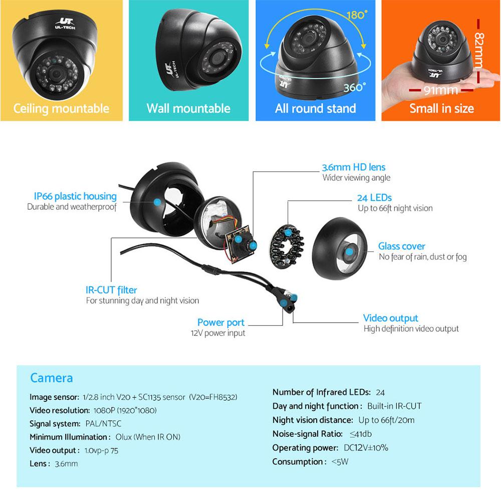 UL-TECH 1080P Security Camera System 4CH DVR with 4 CCTV Dome Cameras